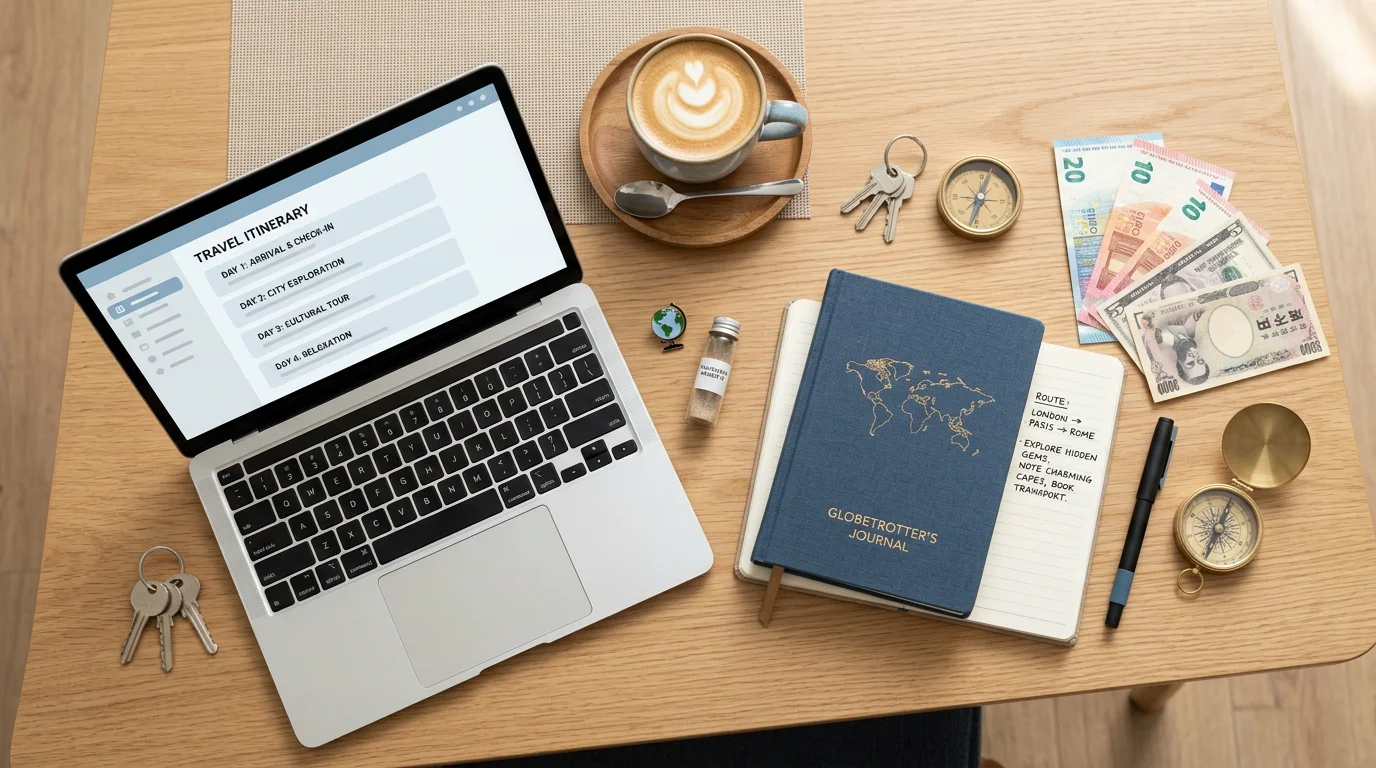Flat lay of a travel professional workspace with laptop and planning tools