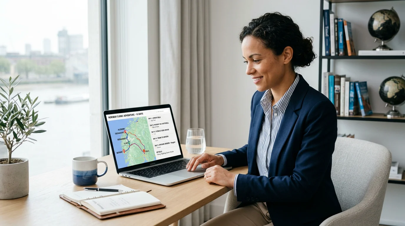 Travel professional building a day-by-day itinerary on a laptop with a route map