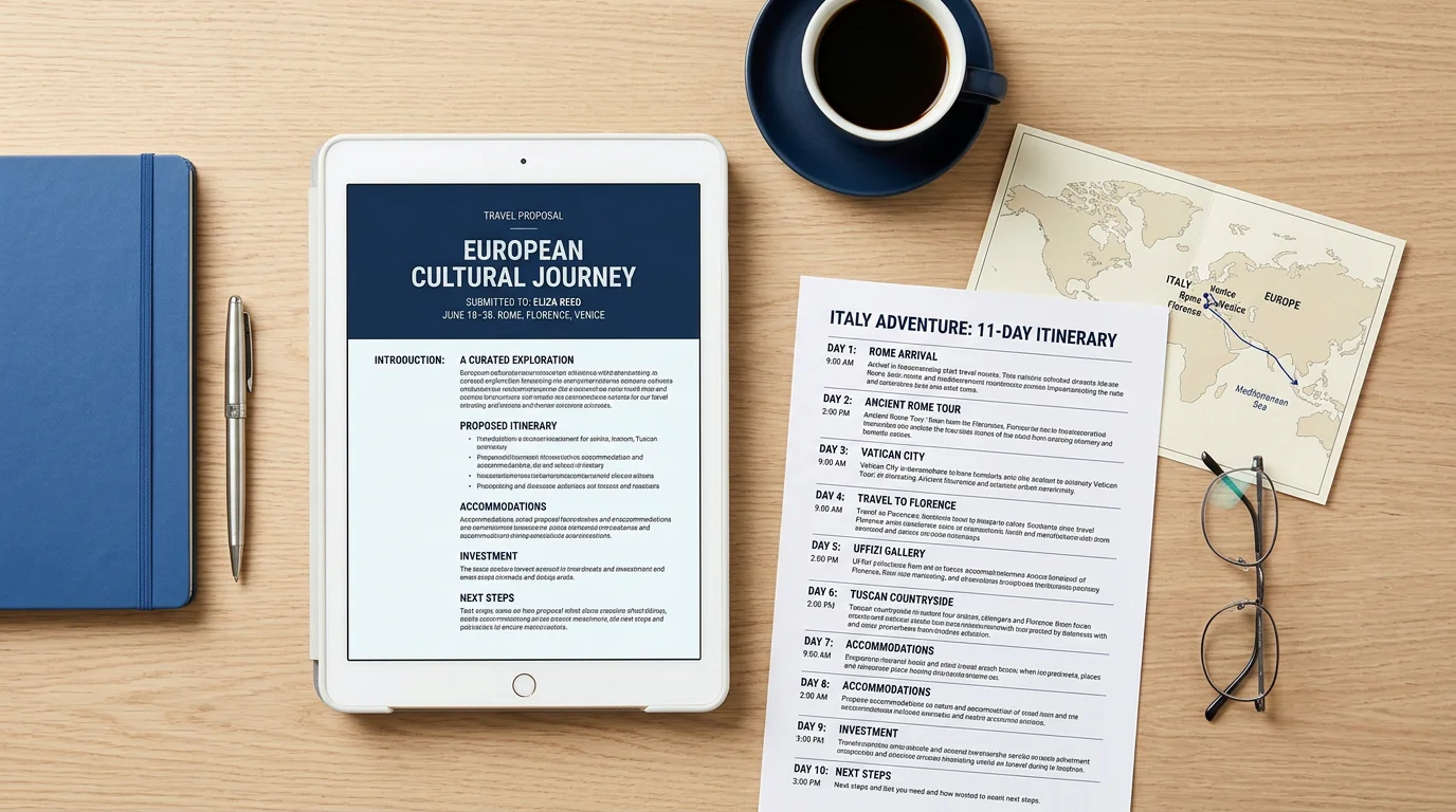 Professional travel proposal workflow with tablet, schedule and map