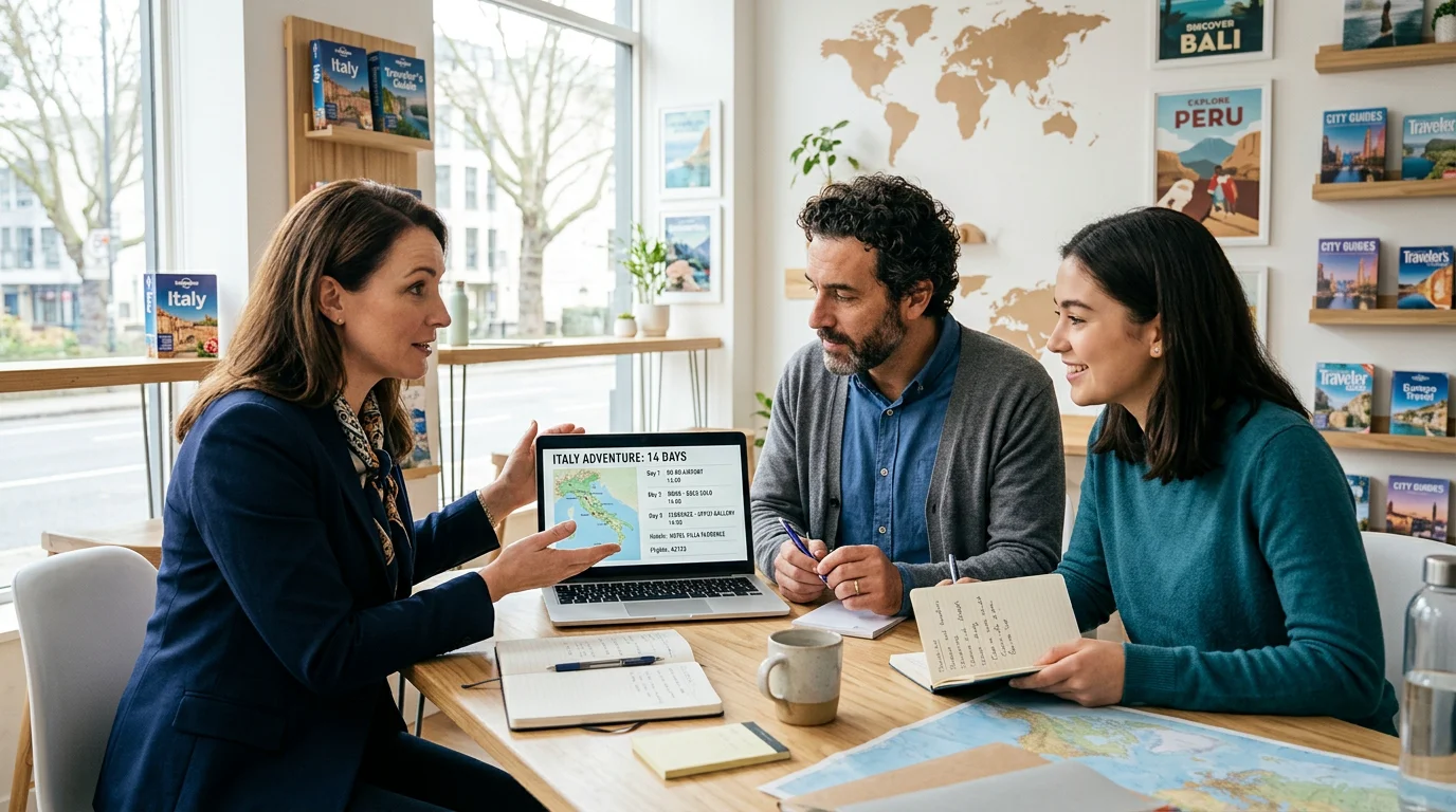 Small tour operator team reviewing an itinerary together on a laptop