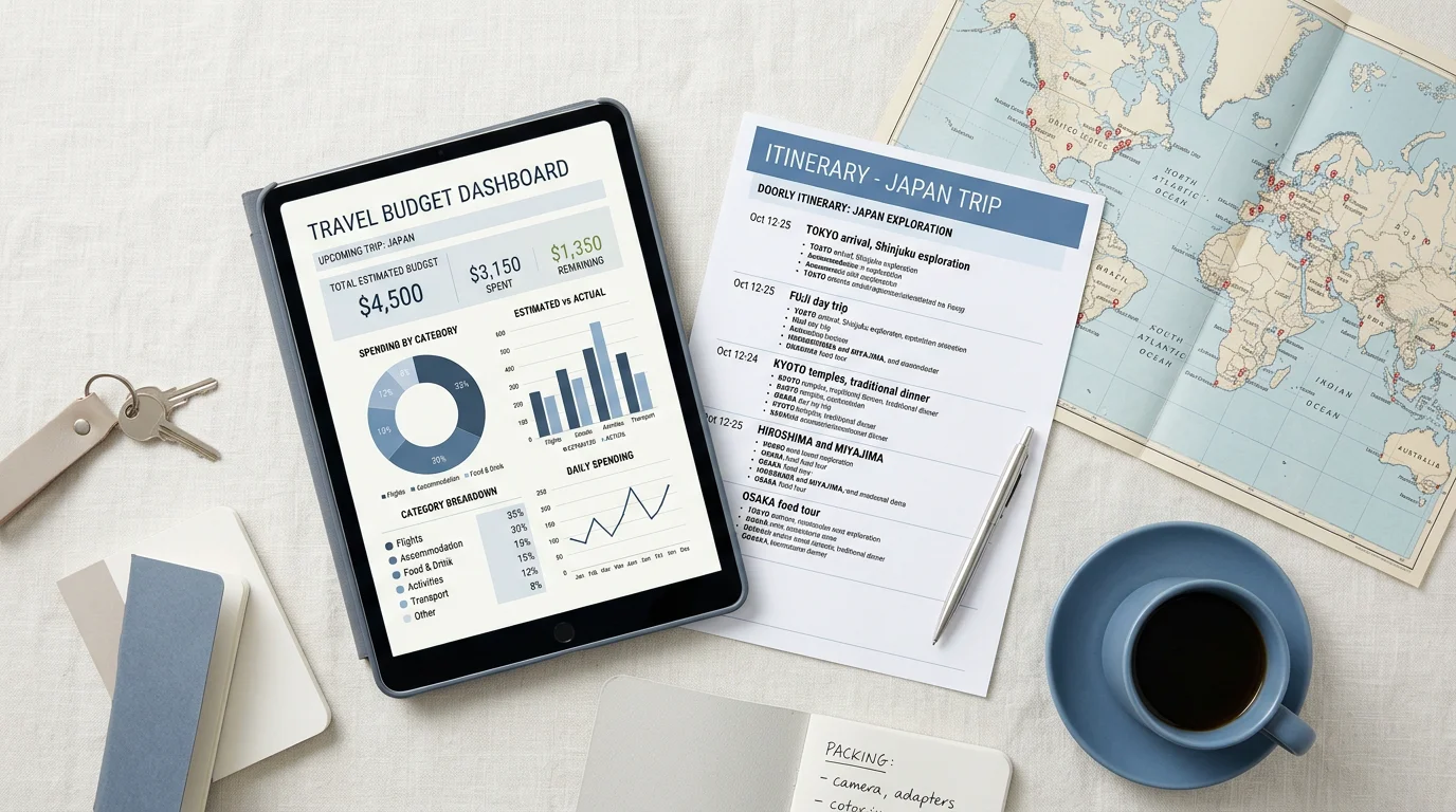 Workspace with a travel budget dashboard and itinerary documents