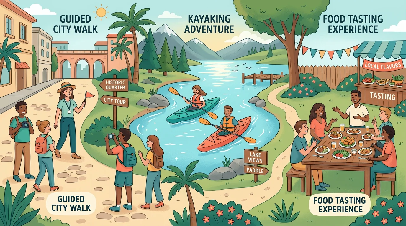 Illustration of travelers enjoying guided tours, kayaking, and a food tasting experience