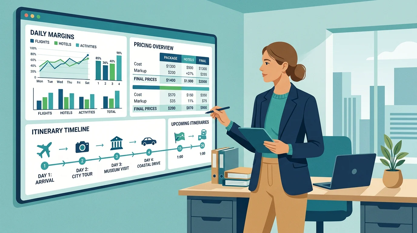 Illustration of a travel professional reviewing a pricing and margin dashboard