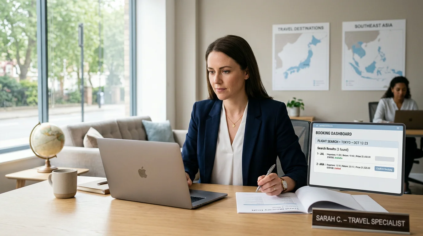 Travel professional reviewing a branded booking platform on a laptop