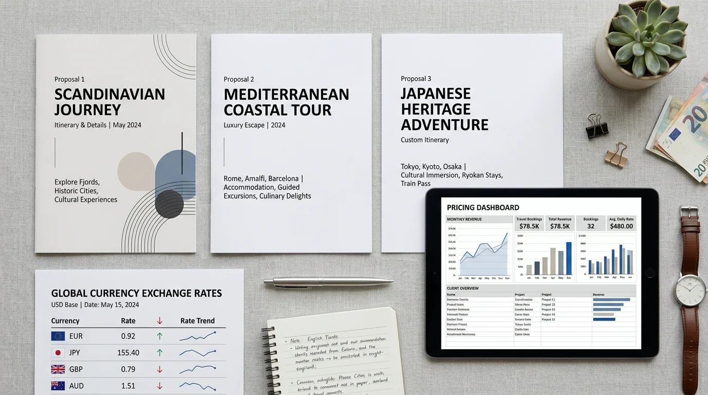 Branded travel proposals and a pricing dashboard on a desk