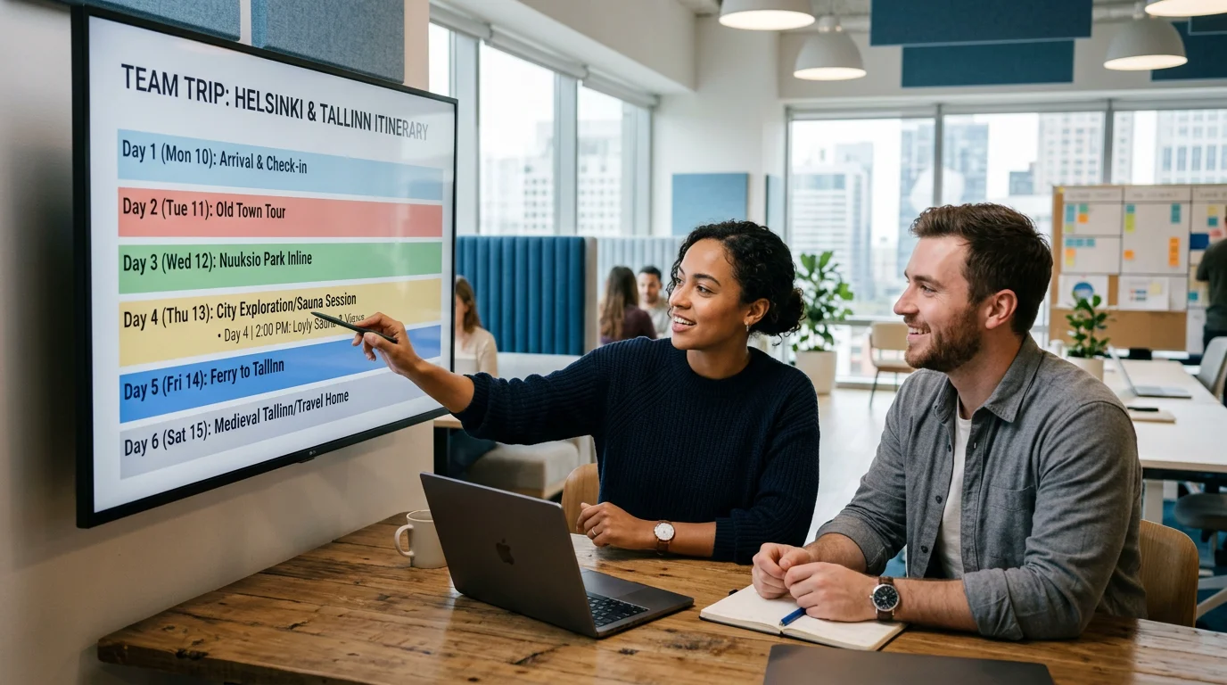 Two travel professionals collaborating on a shared itinerary plan on a large screen