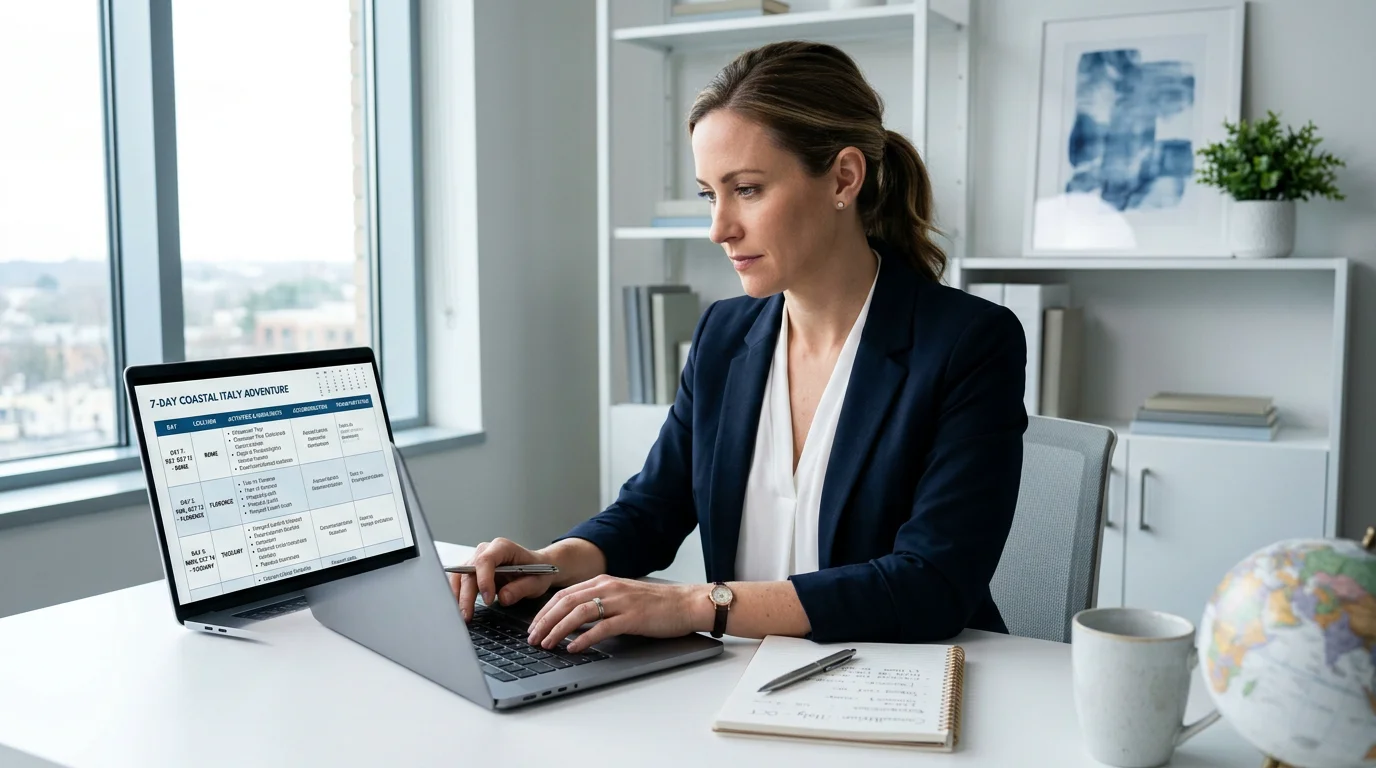 Travel professional reviewing a structured multi-day itinerary layout on a laptop