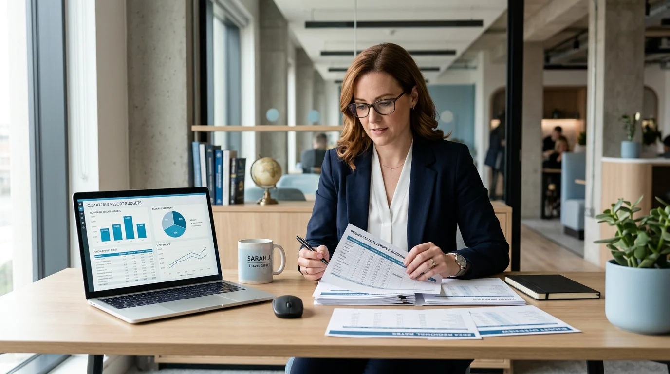 Travel professional comparing software pricing options at a desk