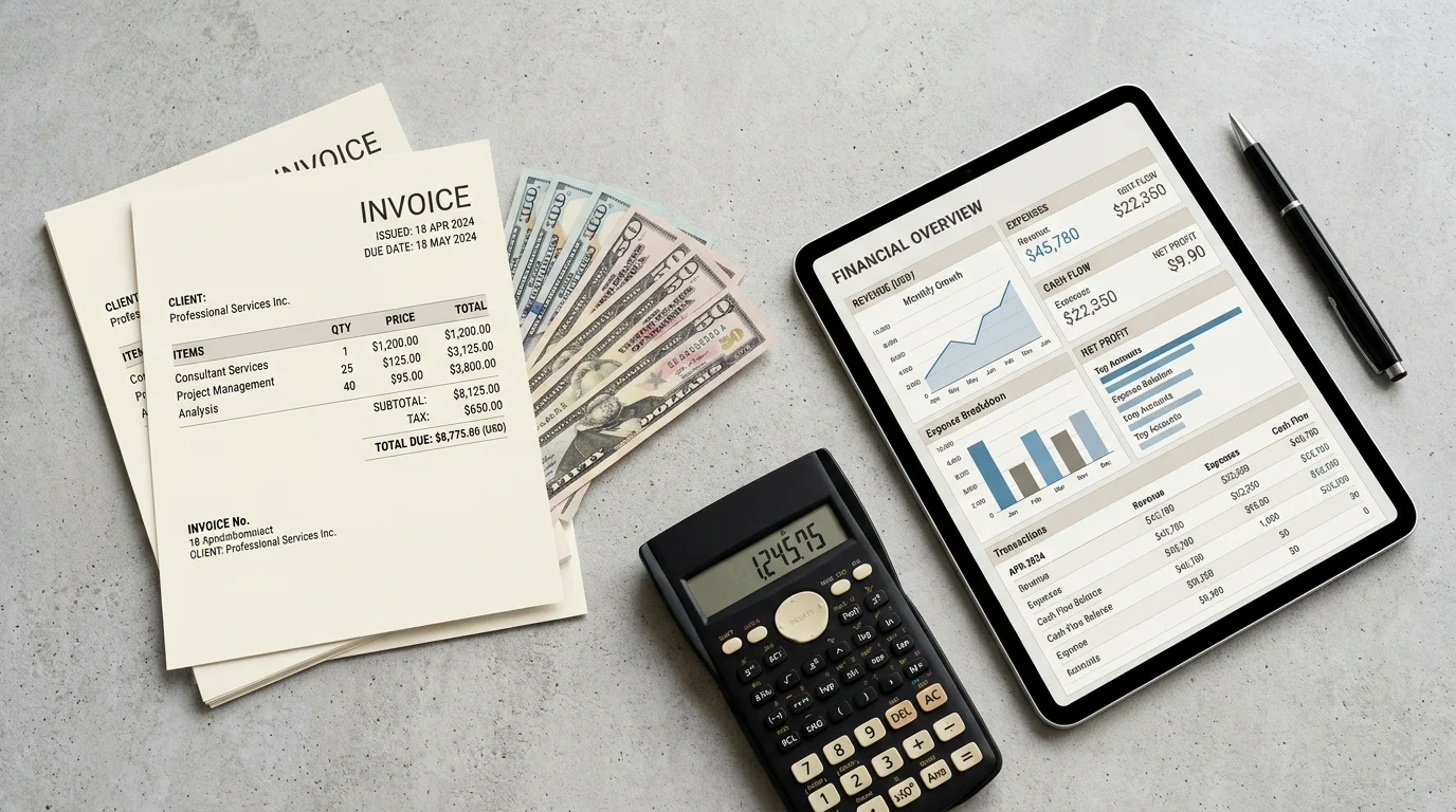 Flat lay of budgeting tools for calculating software costs