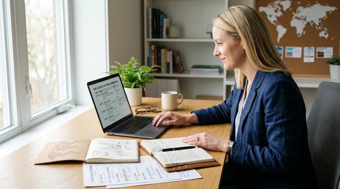 Travel professional building a structured trip itinerary on a laptop