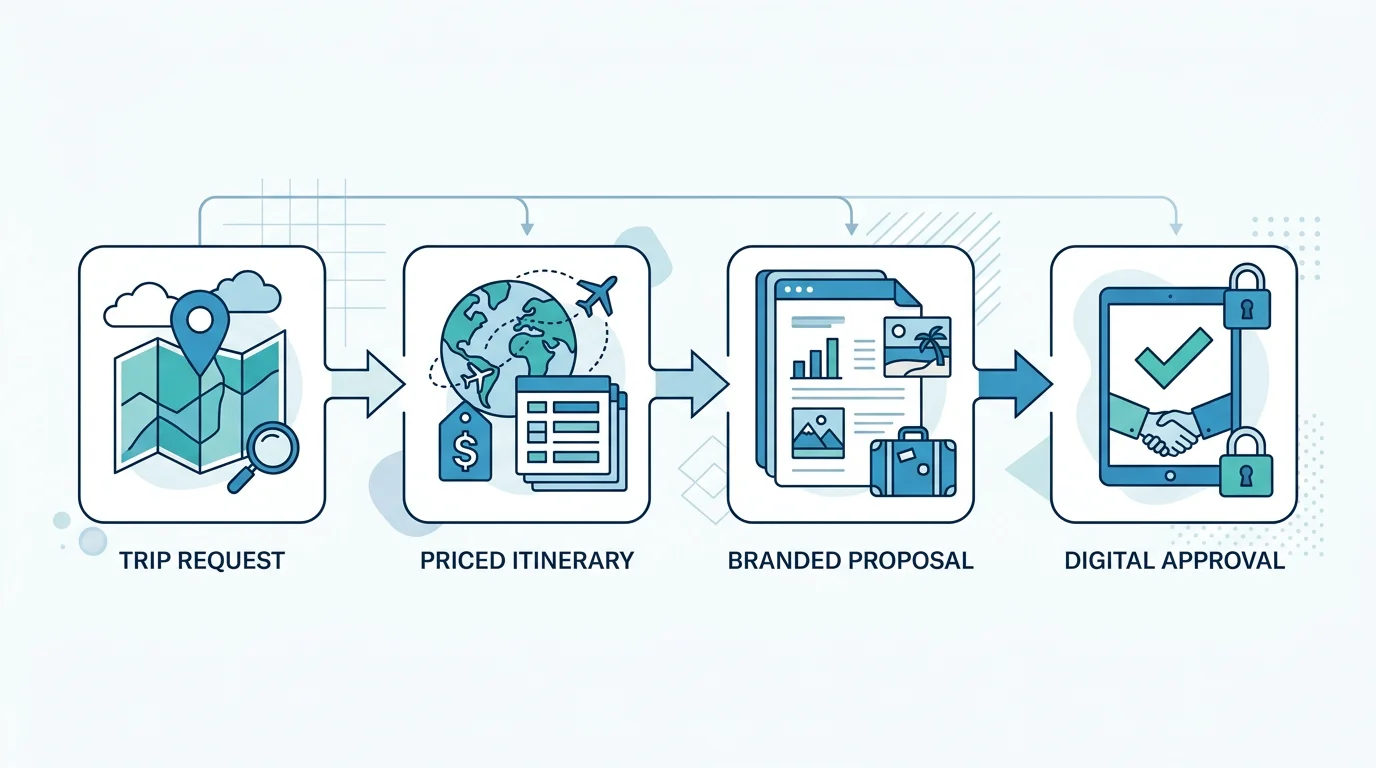 Diagram of an automated online itinerary and proposal workflow
