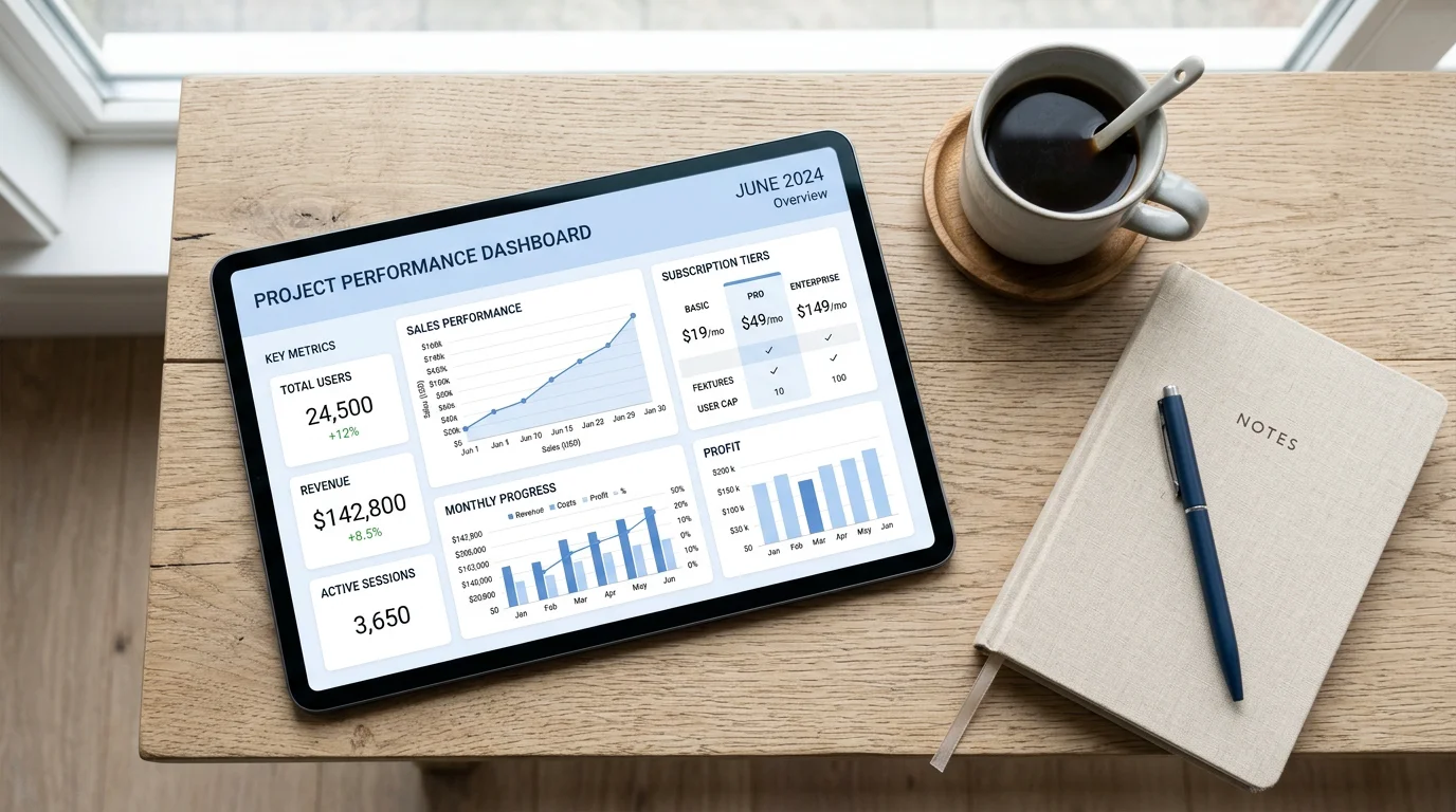 Travel software pricing dashboard displayed on a tablet with margin charts
