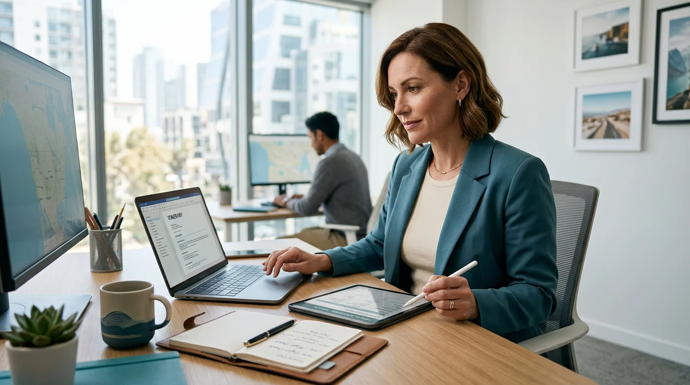 Travel professional reviewing an itinerary on a laptop in a bright office