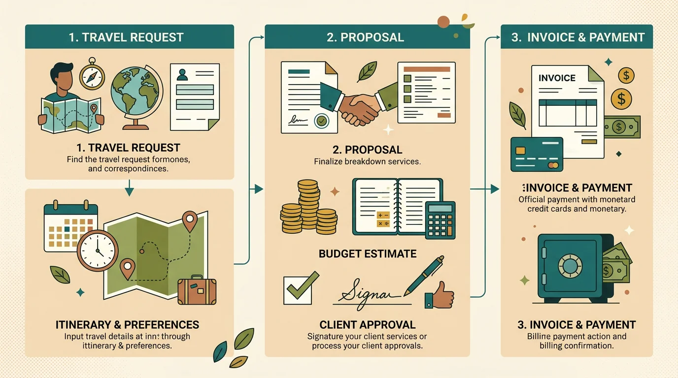 Diagram of a travel workflow moving from request to proposal to invoice