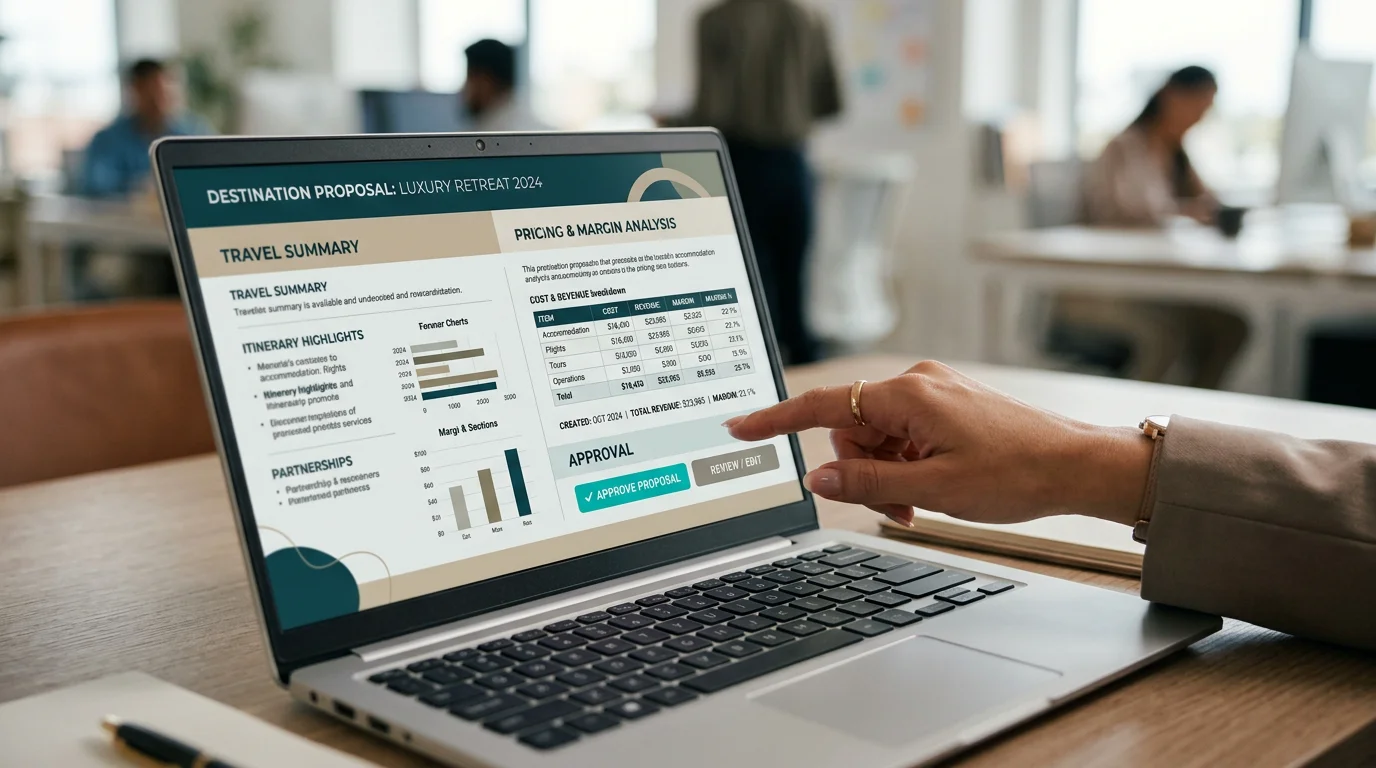 Branded travel proposal with a margin chart ready for client approval