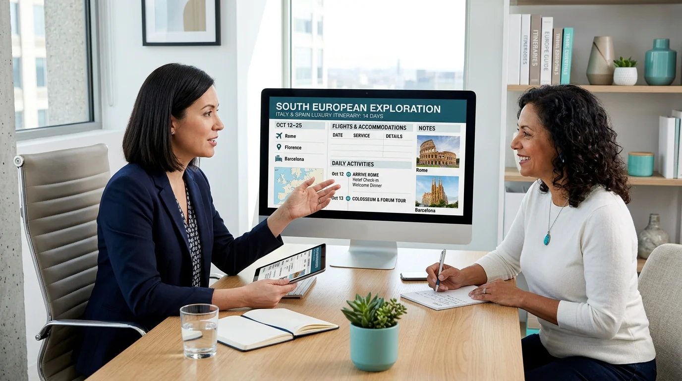 A travel professional presenting a digital itinerary to a client at a desk