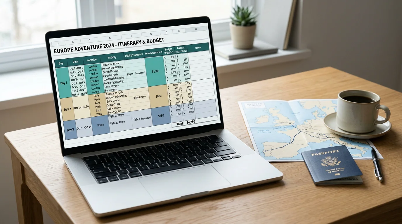 A color-coded travel itinerary spreadsheet open on a laptop beside a map and passport
