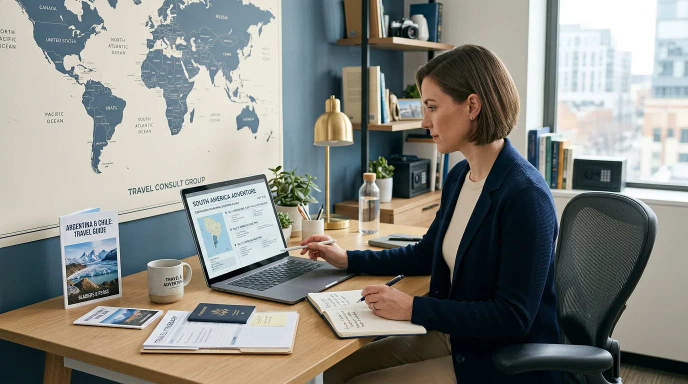 Travel professional reviewing a digital itinerary on a laptop at a modern desk