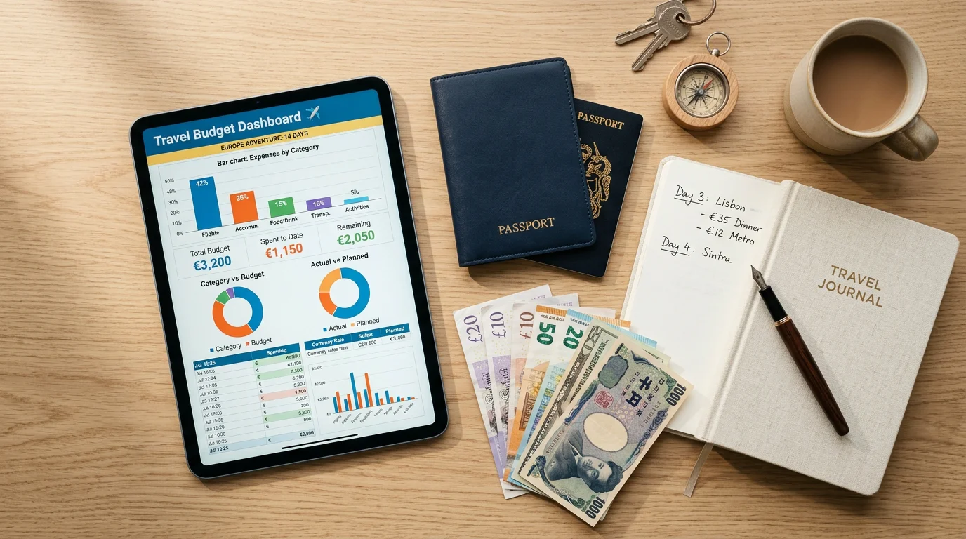 Flat lay of a tablet showing a travel budget dashboard with passport and currency