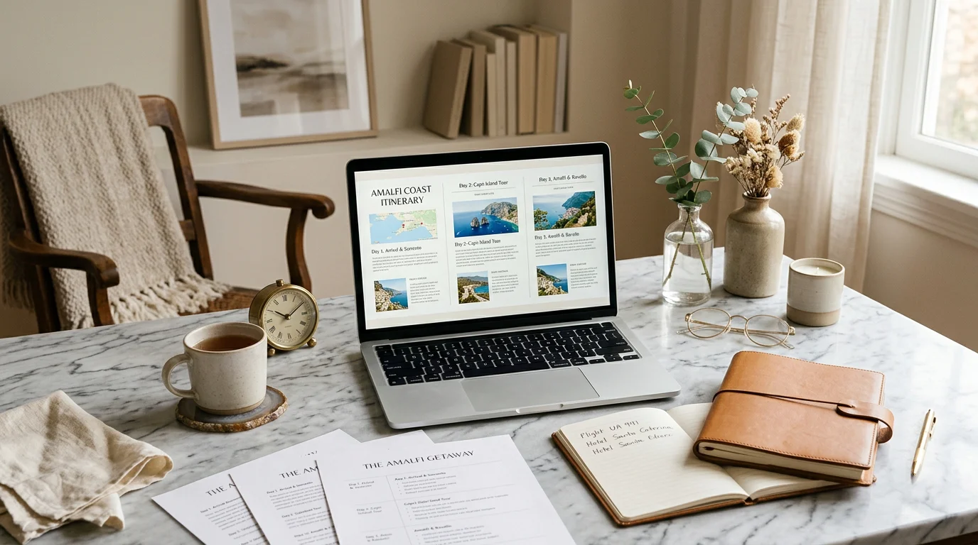 A refined workspace for designing a luxury travel itinerary template