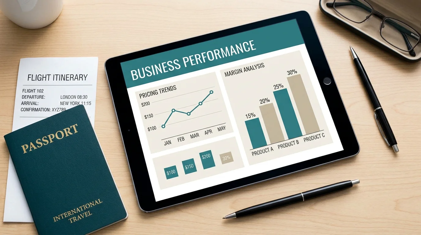 Travel software dashboard showing margins on a tablet