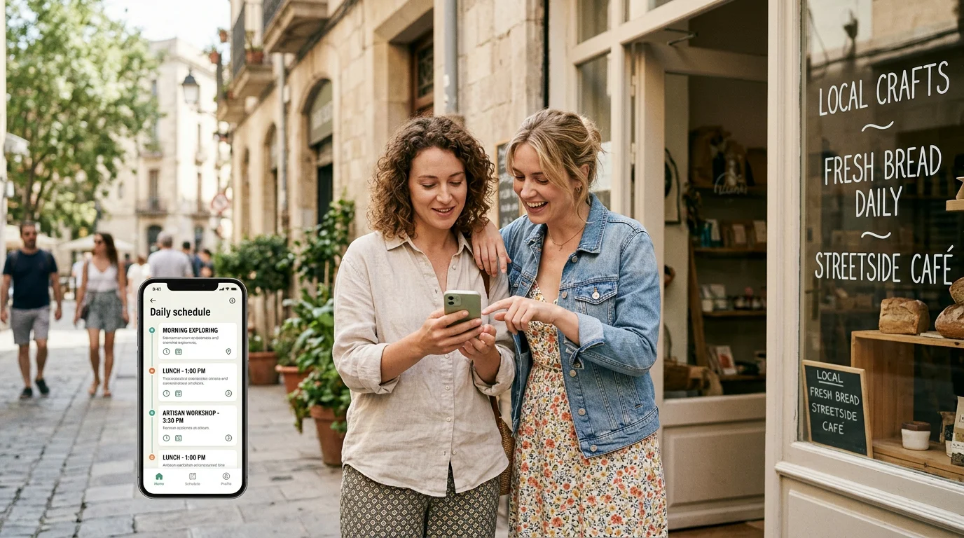 Two travelers pausing on a street to discover a local spot during their trip