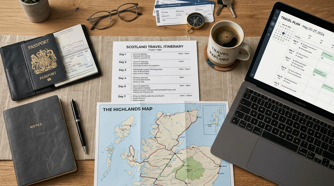 A printed day-by-day travel itinerary on a planning desk with a map and laptop