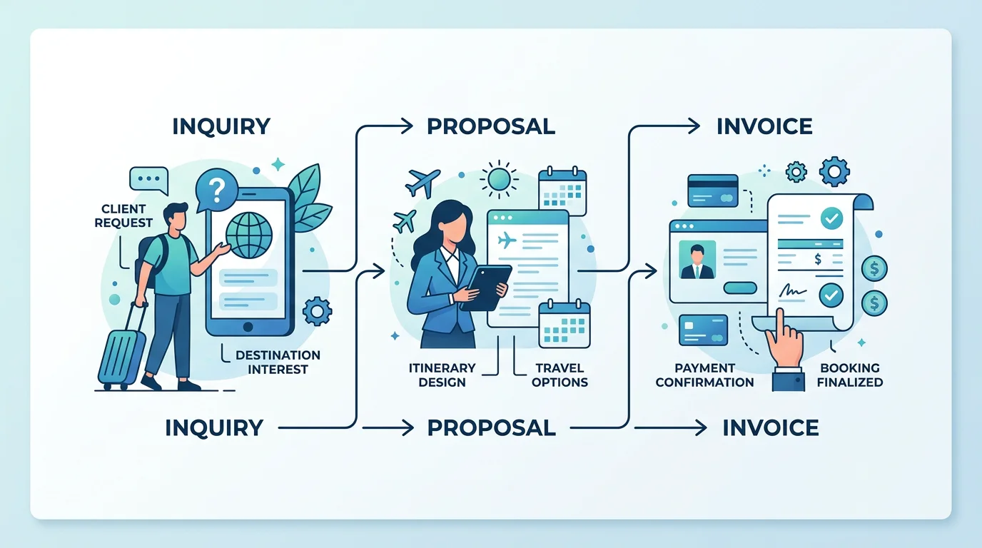 Schéma d'un workflow de voyage, de la demande à la proposition puis à la facture
