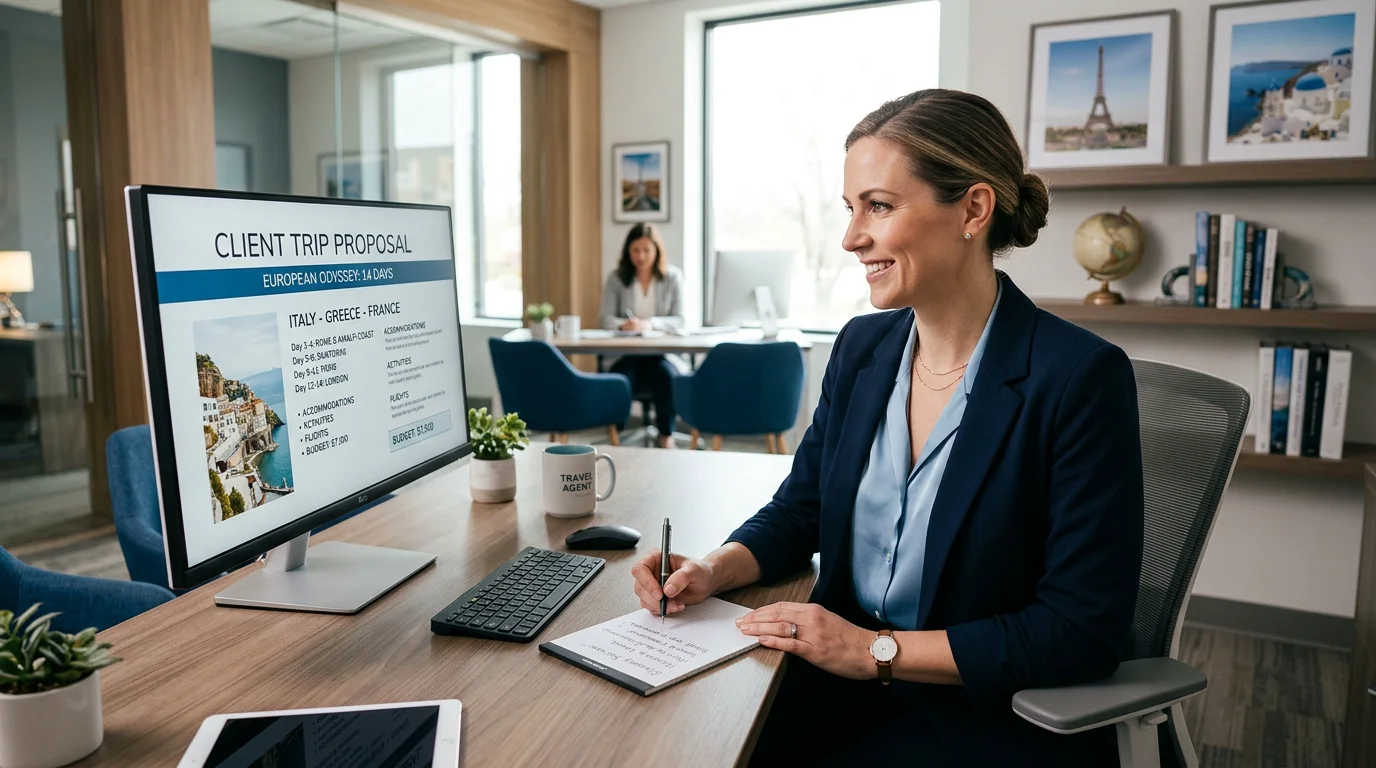 Travel professional reviewing a client trip proposal on a monitor