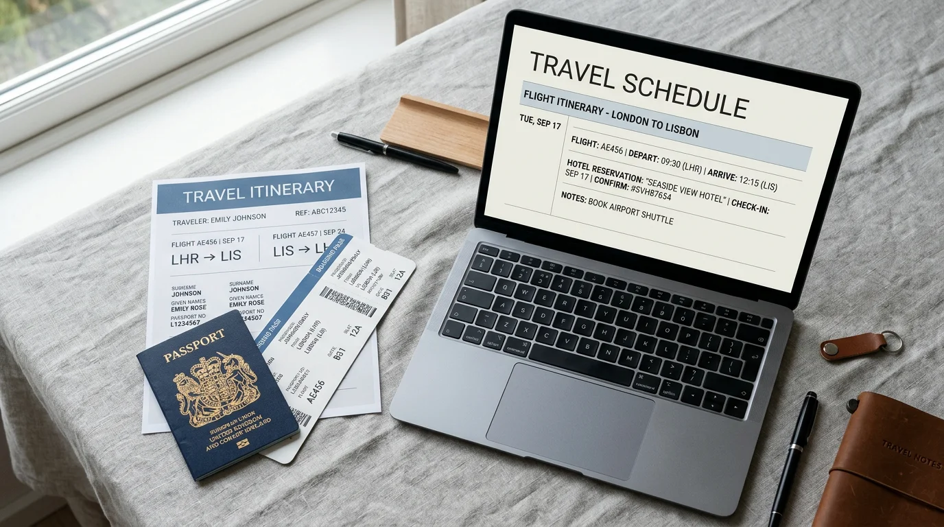 Printed flight itinerary document beside a passport and laptop on a desk