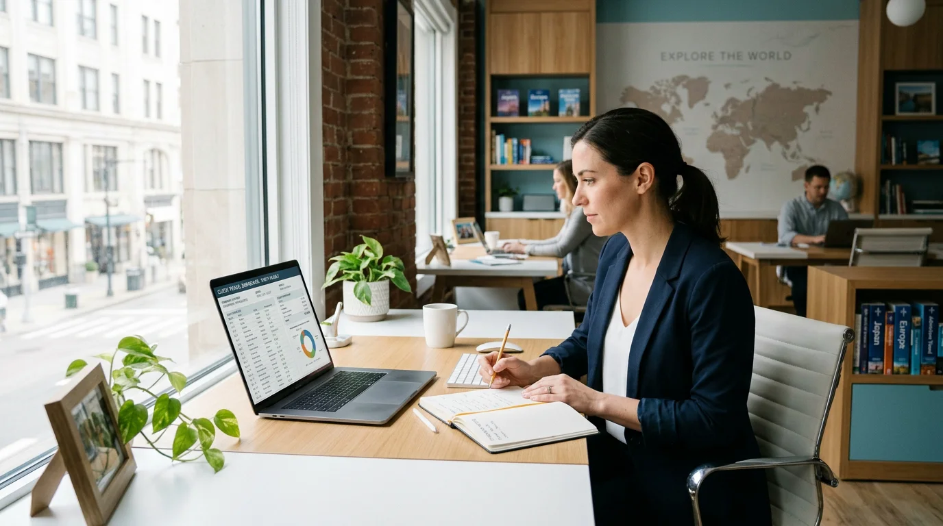 Travel professional reviewing an itinerary and budget dashboard on a laptop