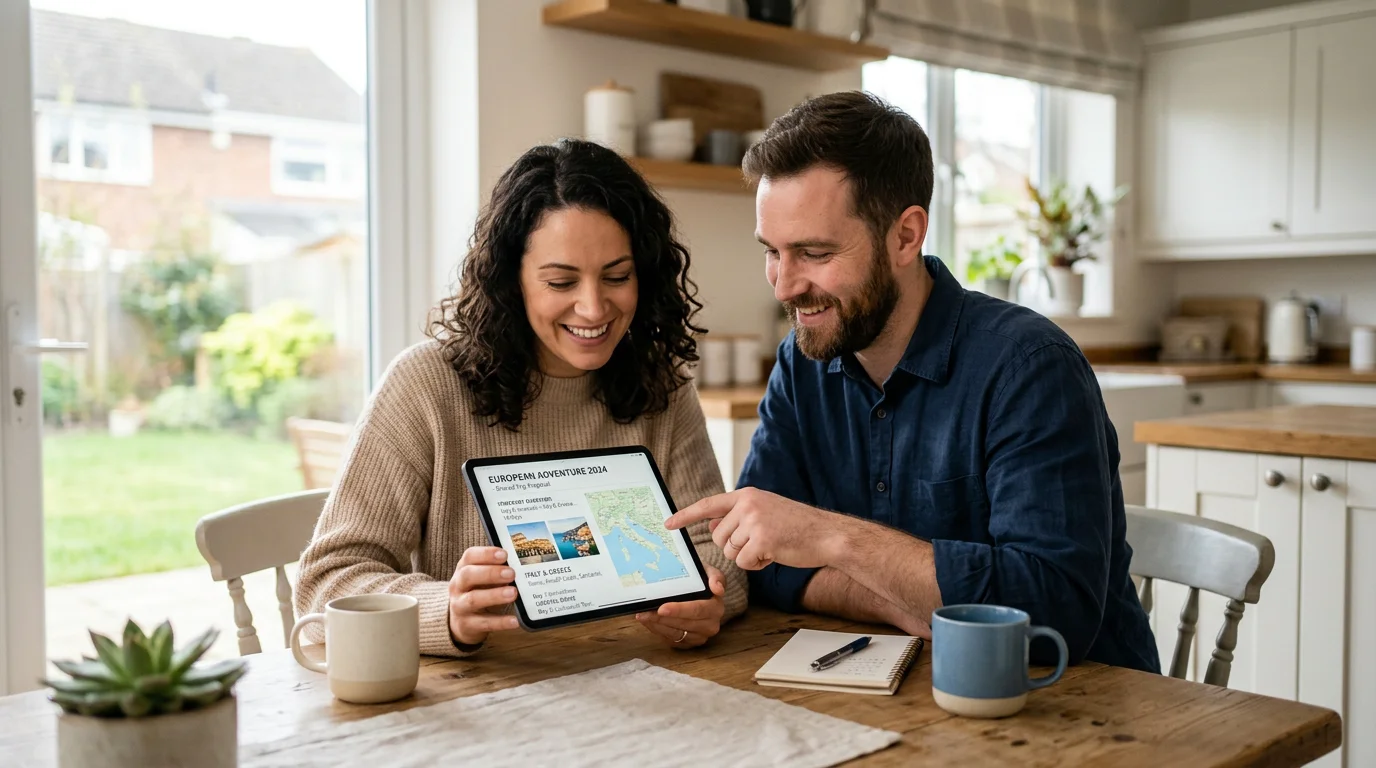 Travelers reviewing a shared digital itinerary proposal on a tablet