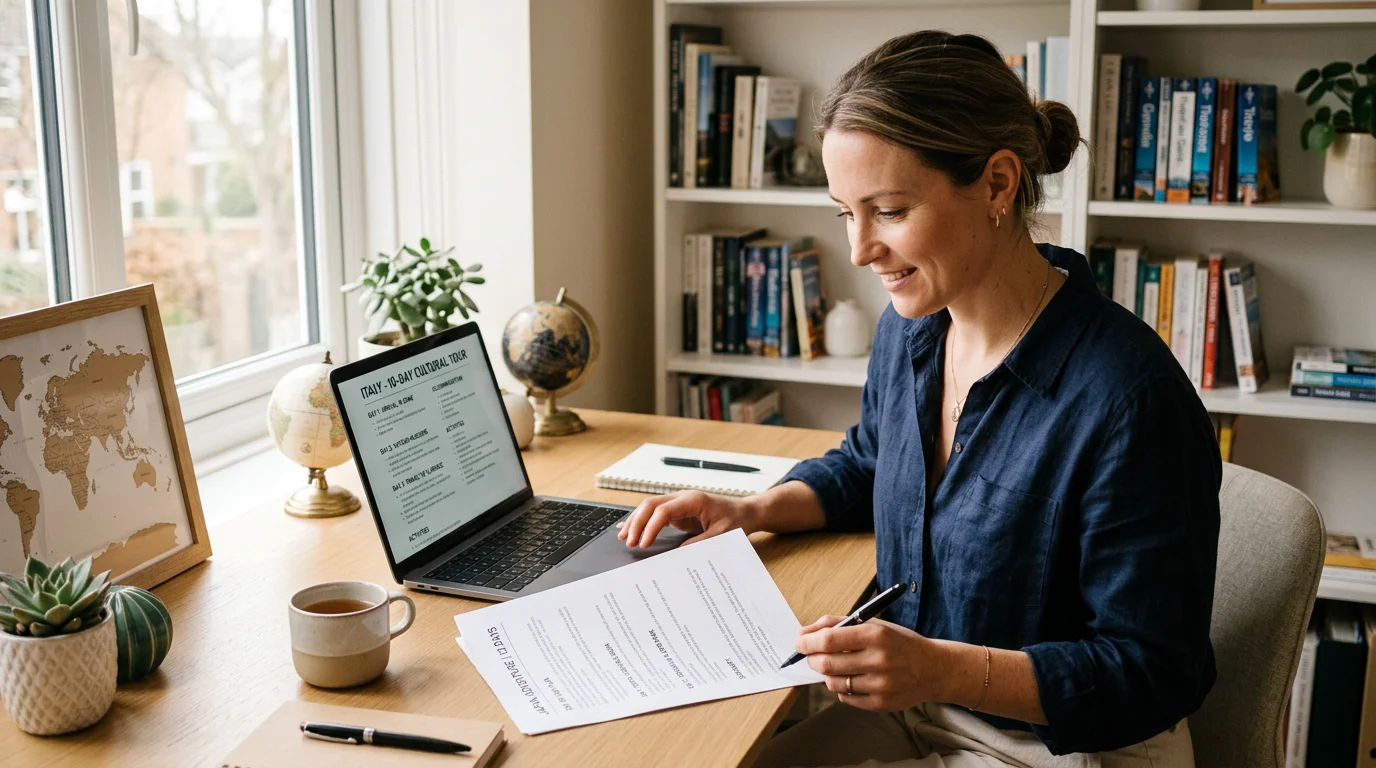 Travel professional reviewing a structured trip itinerary on a laptop