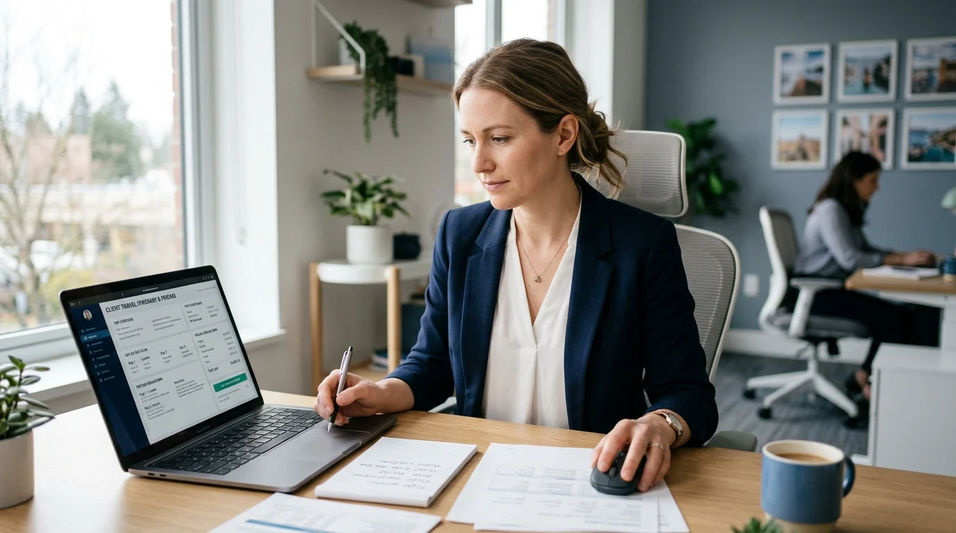 Travel professional reviewing a digital itinerary and pricing dashboard on a laptop