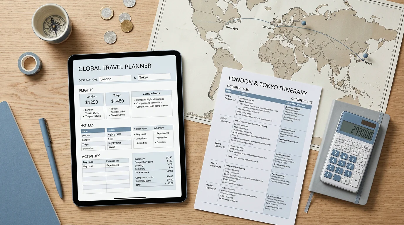 Flat lay comparing travel booking software tools on a desk with a tablet dashboard