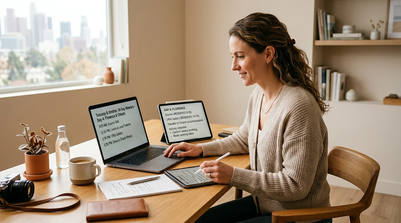 Travel professional reviewing a shared itinerary on a tablet and laptop