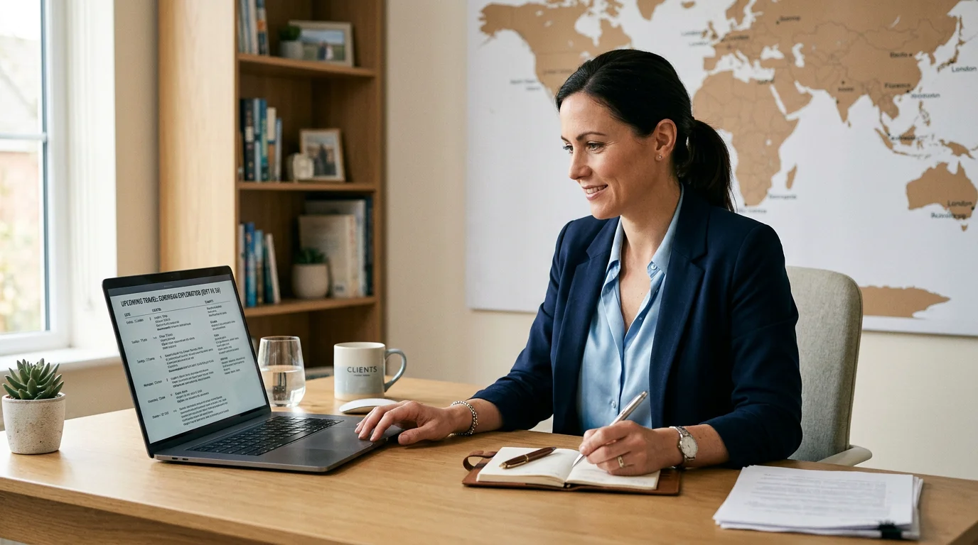 Travel advisor building a digital itinerary on a laptop at an organized desk