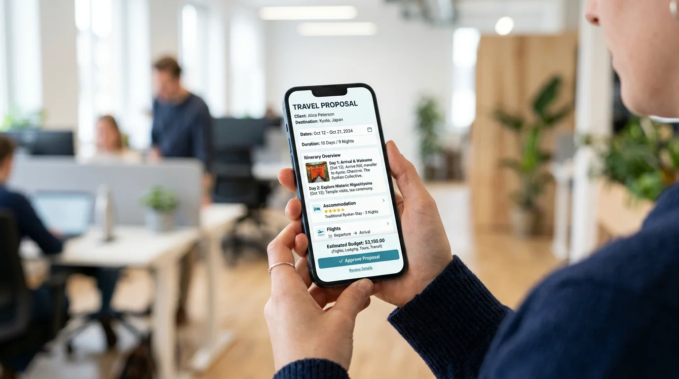 Smartphone showing a mobile travel proposal reviewed by a client