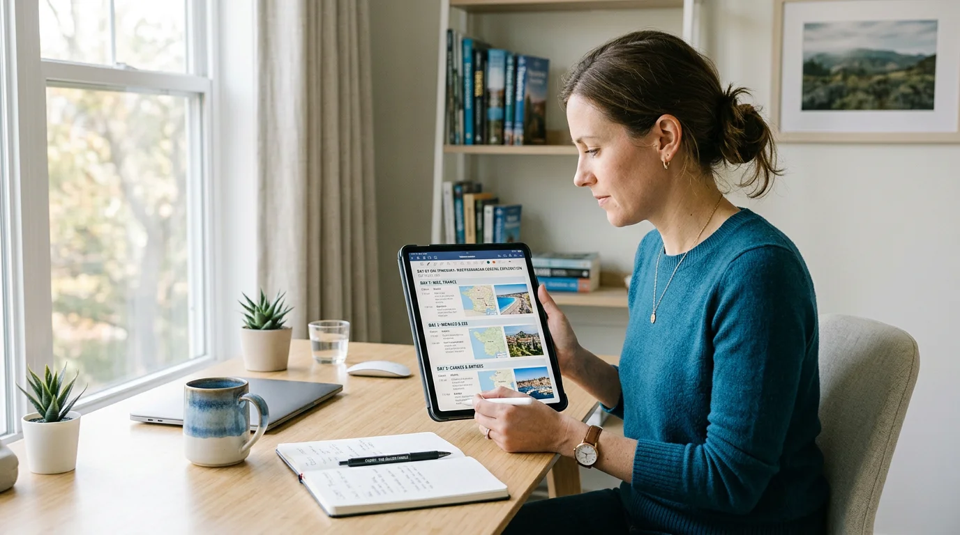 Travel professional reviewing a digital trip itinerary on a tablet
