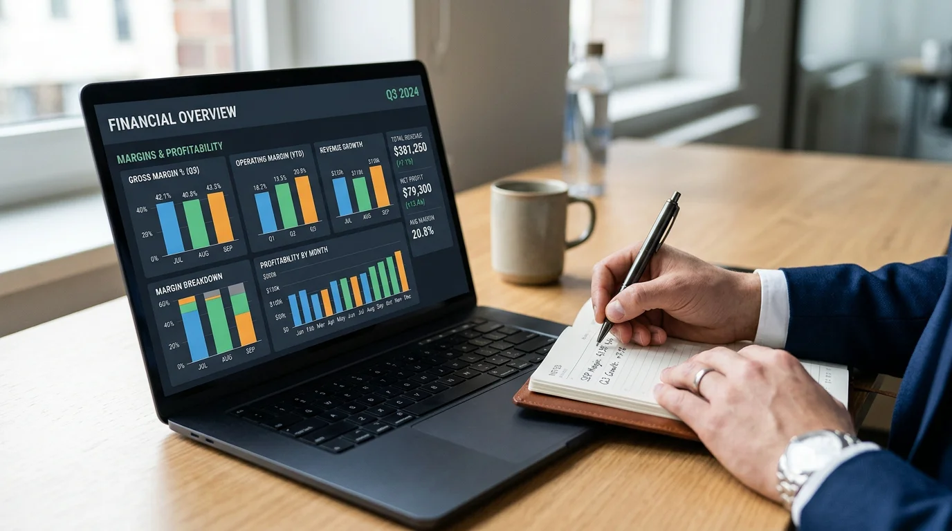 Professional reviewing a financial margin dashboard on a laptop