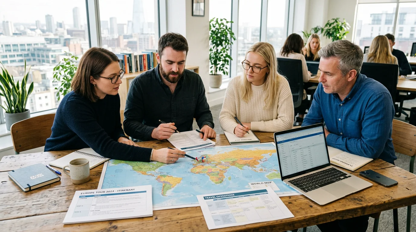 Travel operations team reviewing itineraries and a world map in a modern office