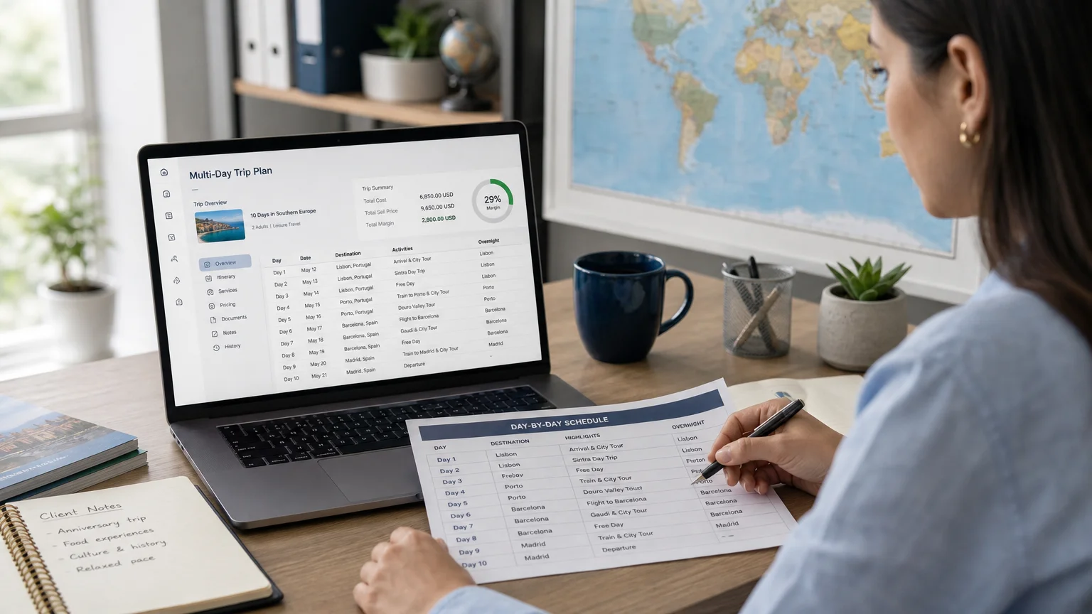 Travel professional reviewing a multi-day itinerary on a laptop
