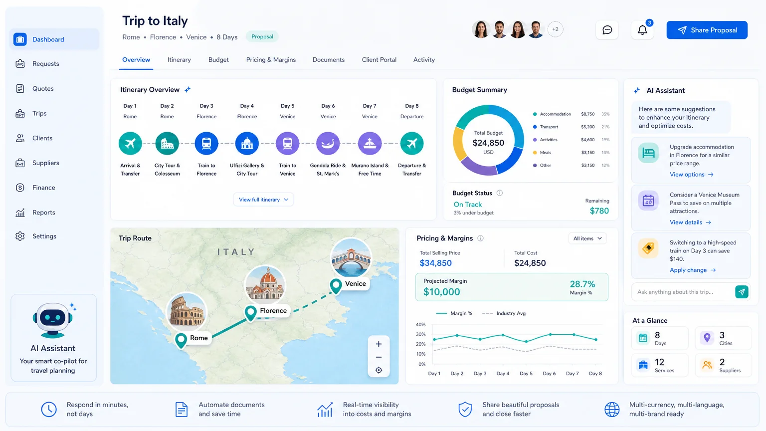 Illustration of an AI-assisted travel itinerary dashboard