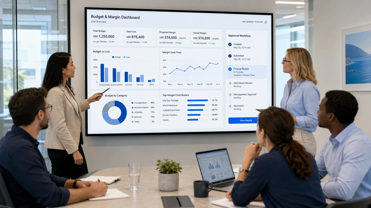 A travel operations team reviewing a live margin dashboard together