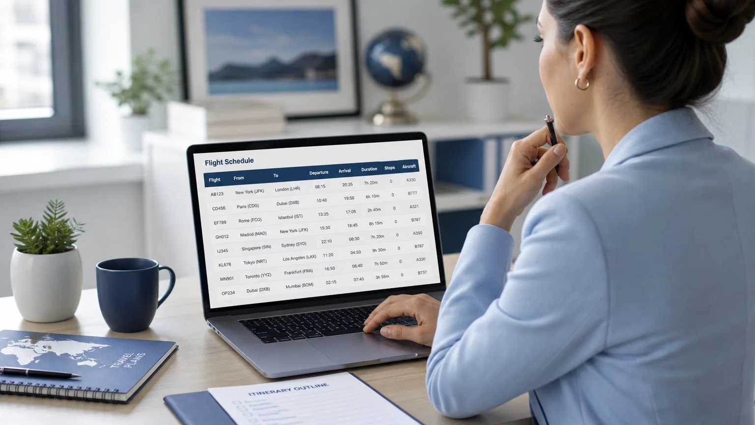 Travel professional reviewing a flight schedule on a laptop