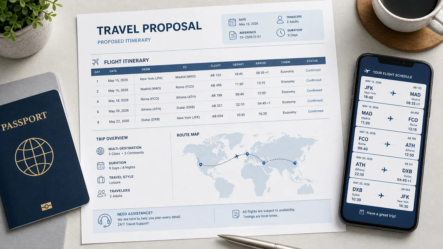 Flat lay of a travel proposal with a structured flight itinerary