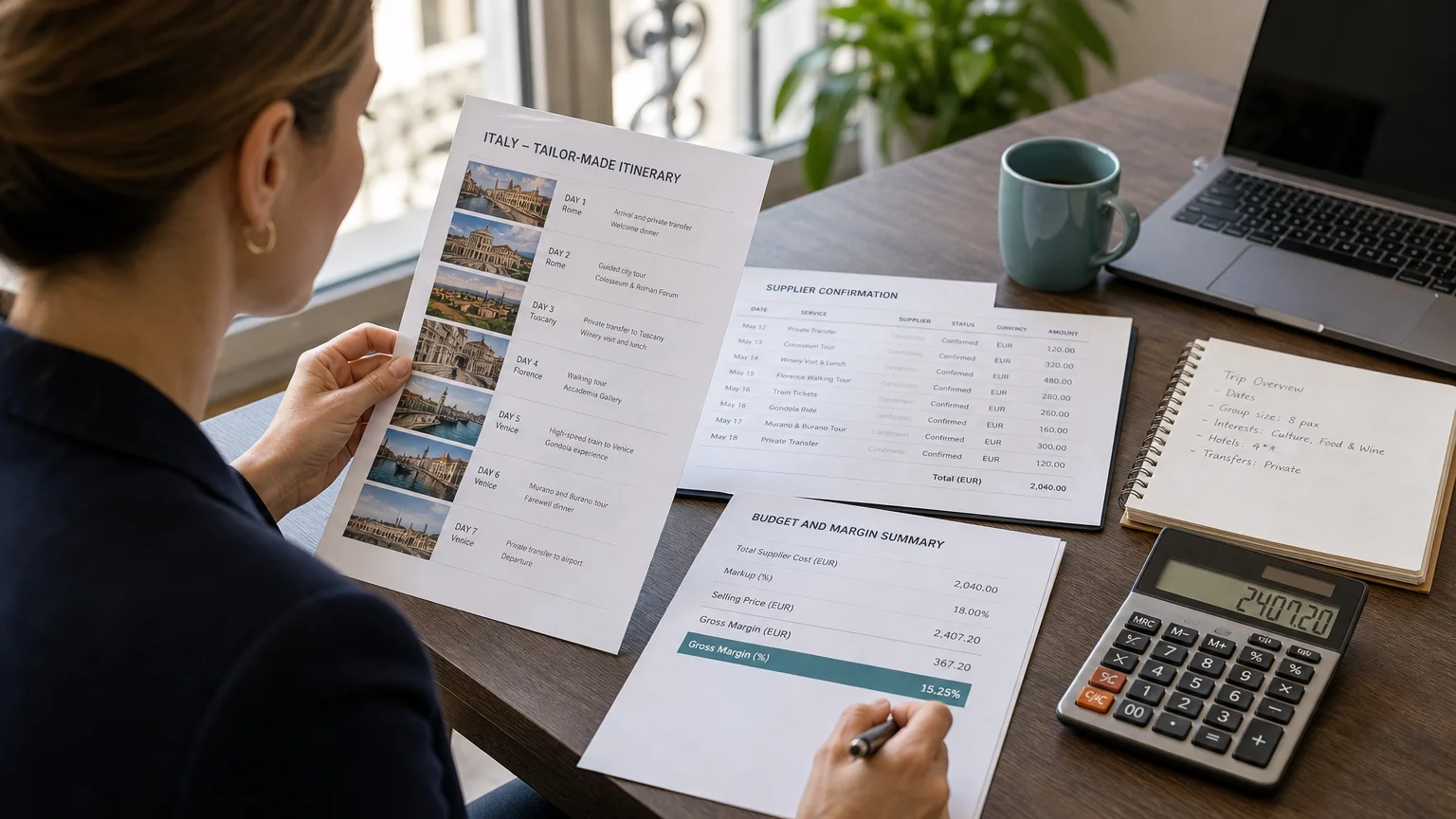 Travel planner reviewing an itinerary and trip costs