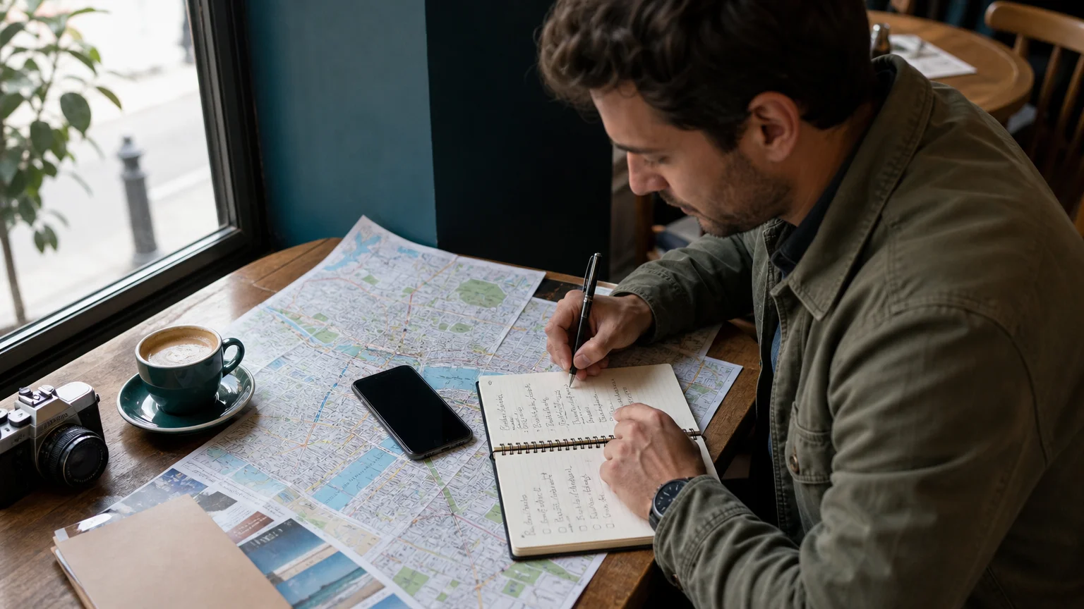 Traveler organizing activities and routes on a paper map