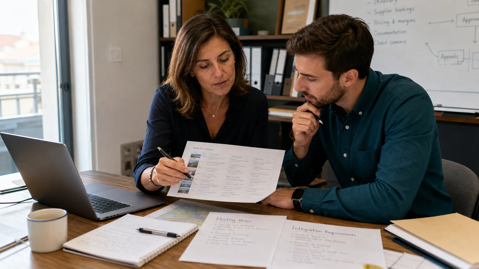 Travel operations and technical staff assessing self-hosted tour software