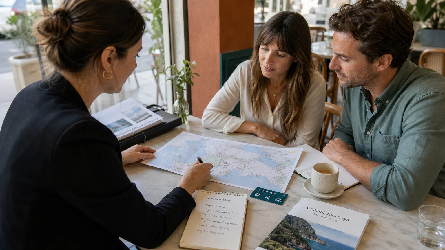 Travel planner reviewing a personalized route with clients